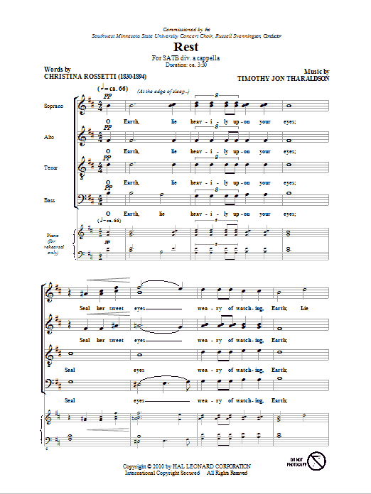 Learn to play Christina Rossetti Rest sheet music for SATB Choir in minutes. Price: 3.9900$ Christina Rossetti Rest sheet music notes and chords arranged for SATB Choir