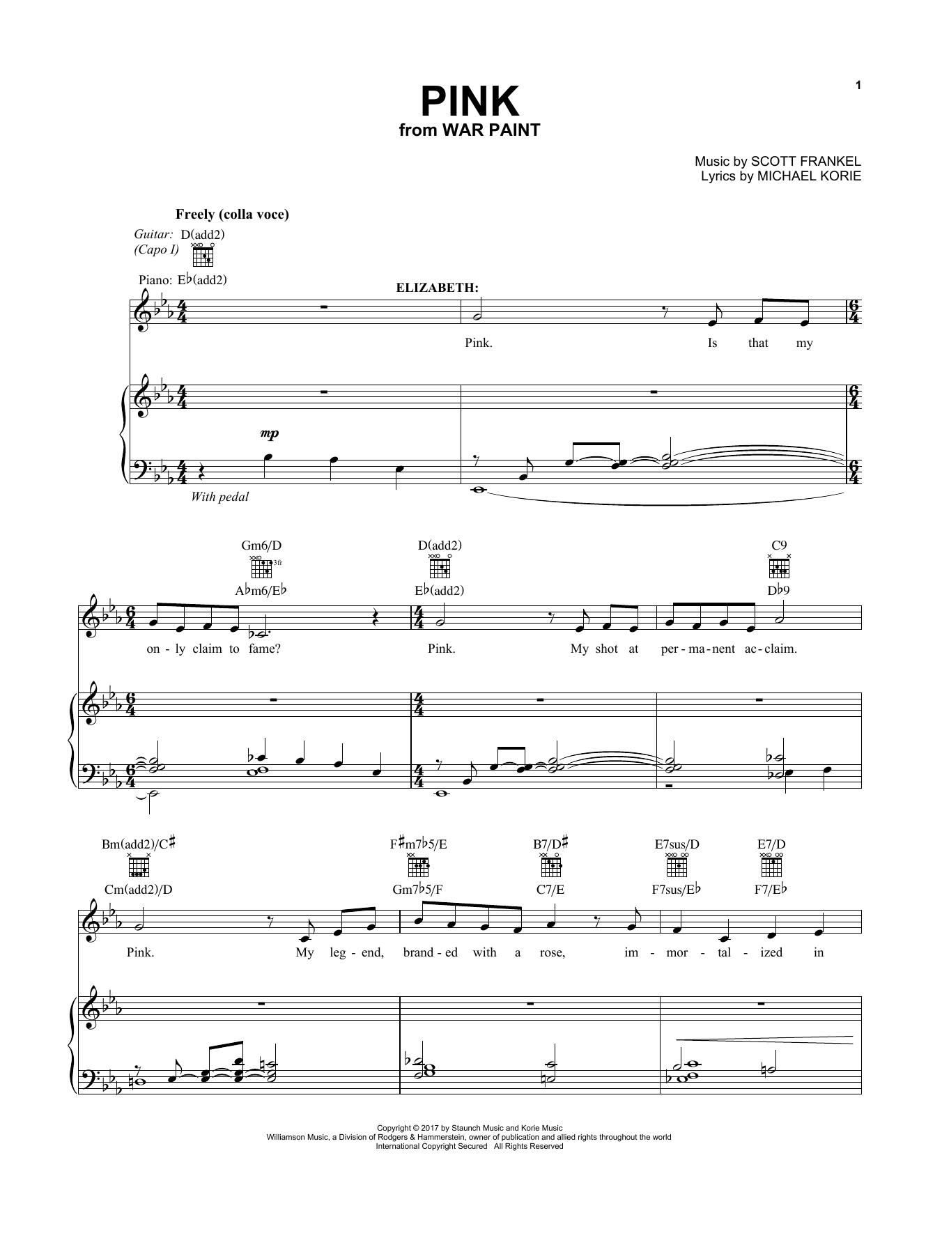 Learn to play Christine Ebersole Pink (from War Paint) sheet music for Vocal Pro + Piano/Guitar in minutes. Price: 6.9900$ Christine Ebersole Pink (from War Paint) sheet music notes and chords arranged for Vocal Pro + Piano/Guitar