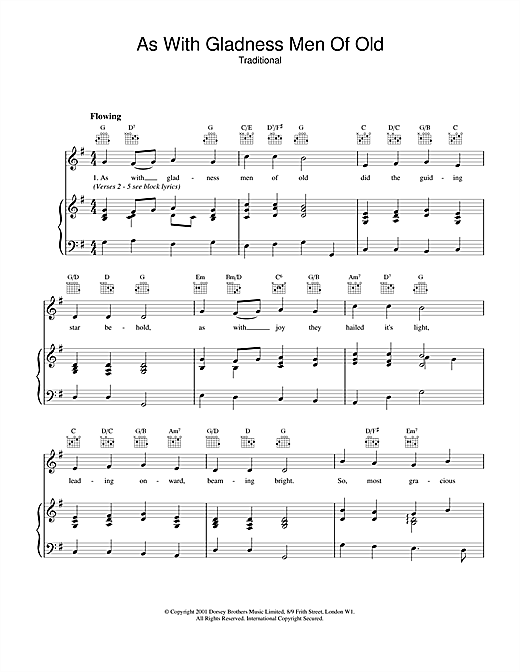 Learn to play Christmas Carol As With Gladness Men Of Old sheet music for Piano, Vocal & Guitar (Right-Hand Melody) in minutes. Christmas Carol As With Gladness Men Of Old sheet music notes and chords