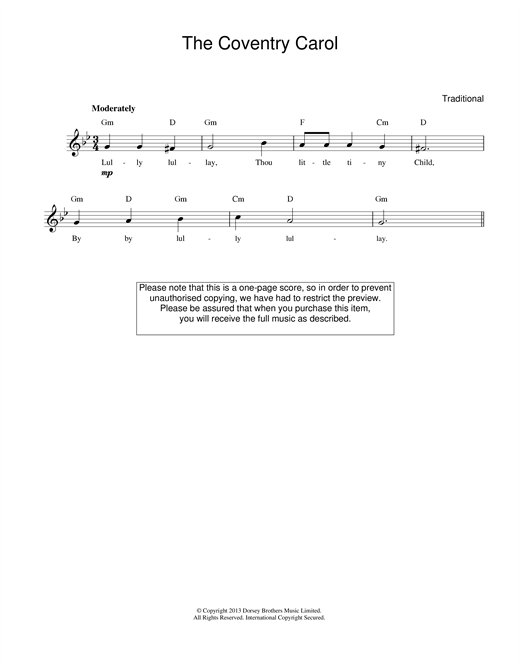 Christmas Carol Coventry Carol sheet music notes and chords. Download Printable PDF.