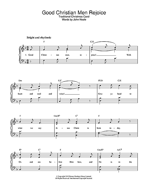 Learn to play Christmas Carol Good Christian Men, Rejoice sheet music for Super Easy Piano in minutes. Price: 5.9900$ Christmas Carol Good Christian Men, Rejoice sheet music notes and chords arranged for Super Easy Piano