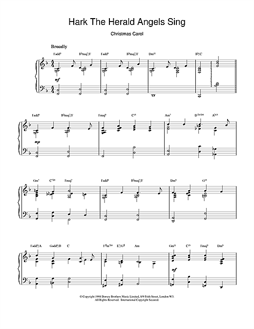 Preview Christmas Carol Hark! The Herald Angels Sing (jazzy arrangement) Jazz sheet music, notes and chords for Easy Piano, SKU: 17912 sheet music, piano notes, chords, guitar tabs, score, transpose, transcribe, how to play, guide, download, learn, tutorial, progression, song, artist, awards, billboard, mtv, vh1, tour, single, album, release