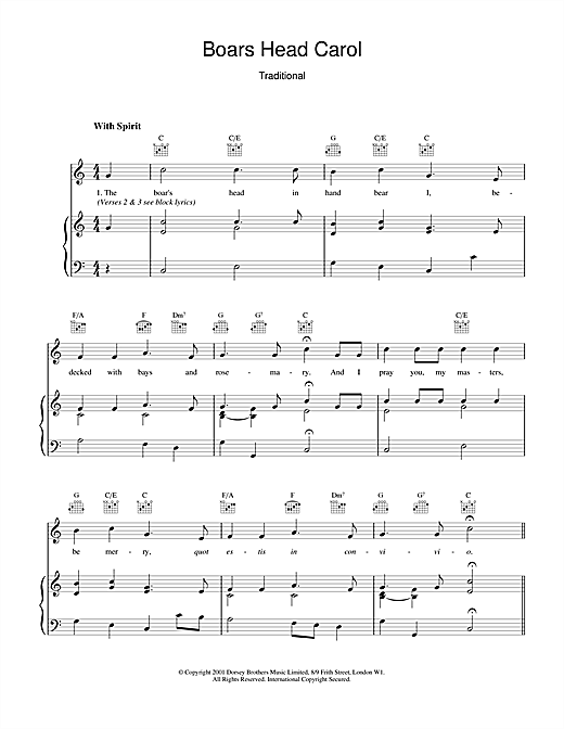 Preview Christmas Carol The Boar's Head Carol Christmas sheet music, notes and chords for Piano, Vocal & Guitar (Right-Hand Melody), SKU: 18991 sheet music, piano notes, chords, guitar tabs, score, transpose, transcribe, how to play, guide, download, learn, tutorial, progression, song, artist, awards, billboard, mtv, vh1, tour, single, album, release