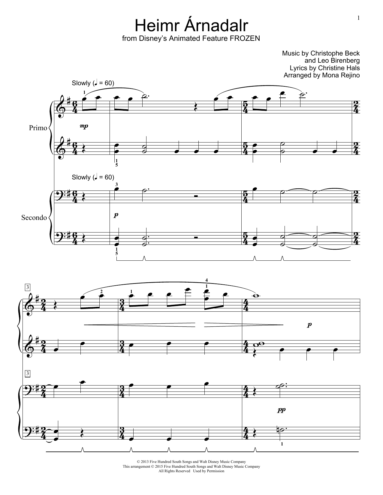 Christophe Beck Heimr Arnadalr (from Disney's Frozen) (arr. Mona Rejino) sheet music notes and chords. Download Printable PDF.