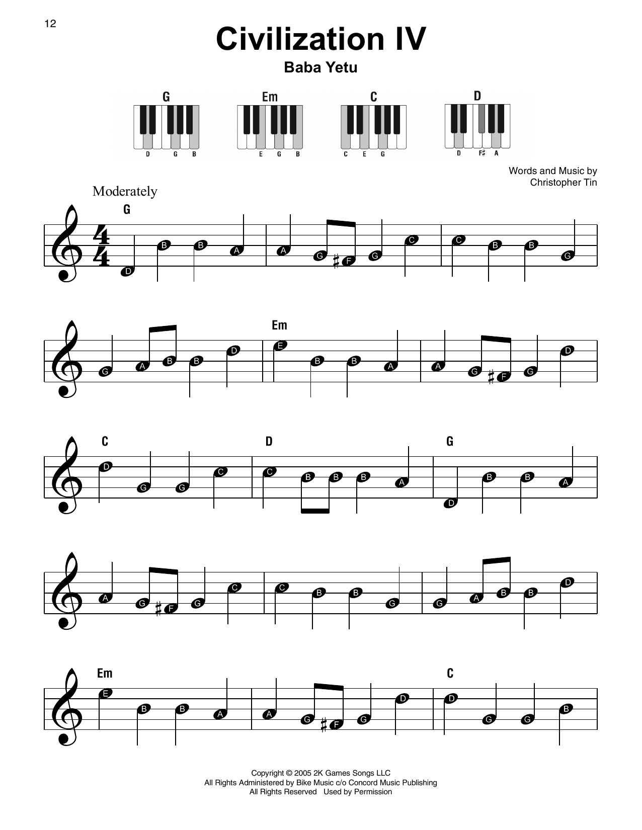 Learn to play Christopher Tin Baba Yetu (from Civilization IV) sheet music for Super Easy Piano in minutes. Price: 5.9900$ Christopher Tin Baba Yetu (from Civilization IV) sheet music notes and chords arranged for Super Easy Piano