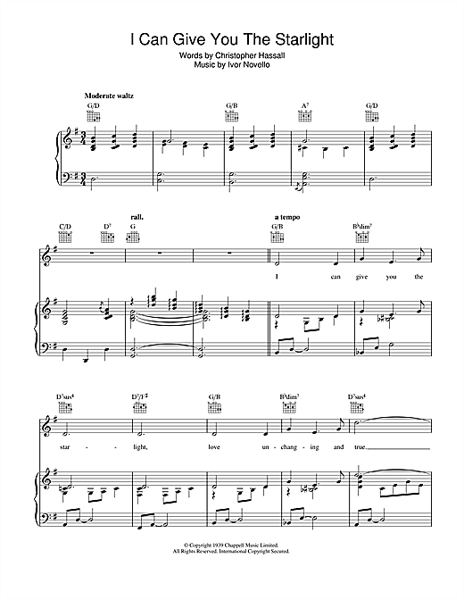 Learn to play Christopher Hassall I Can Give You The Starlight sheet music for Piano, Vocal & Guitar (Right-Hand Melody) in minutes. Christopher Hassall I Can Give You The Starlight sheet music notes and chords. Download Printable PDF.