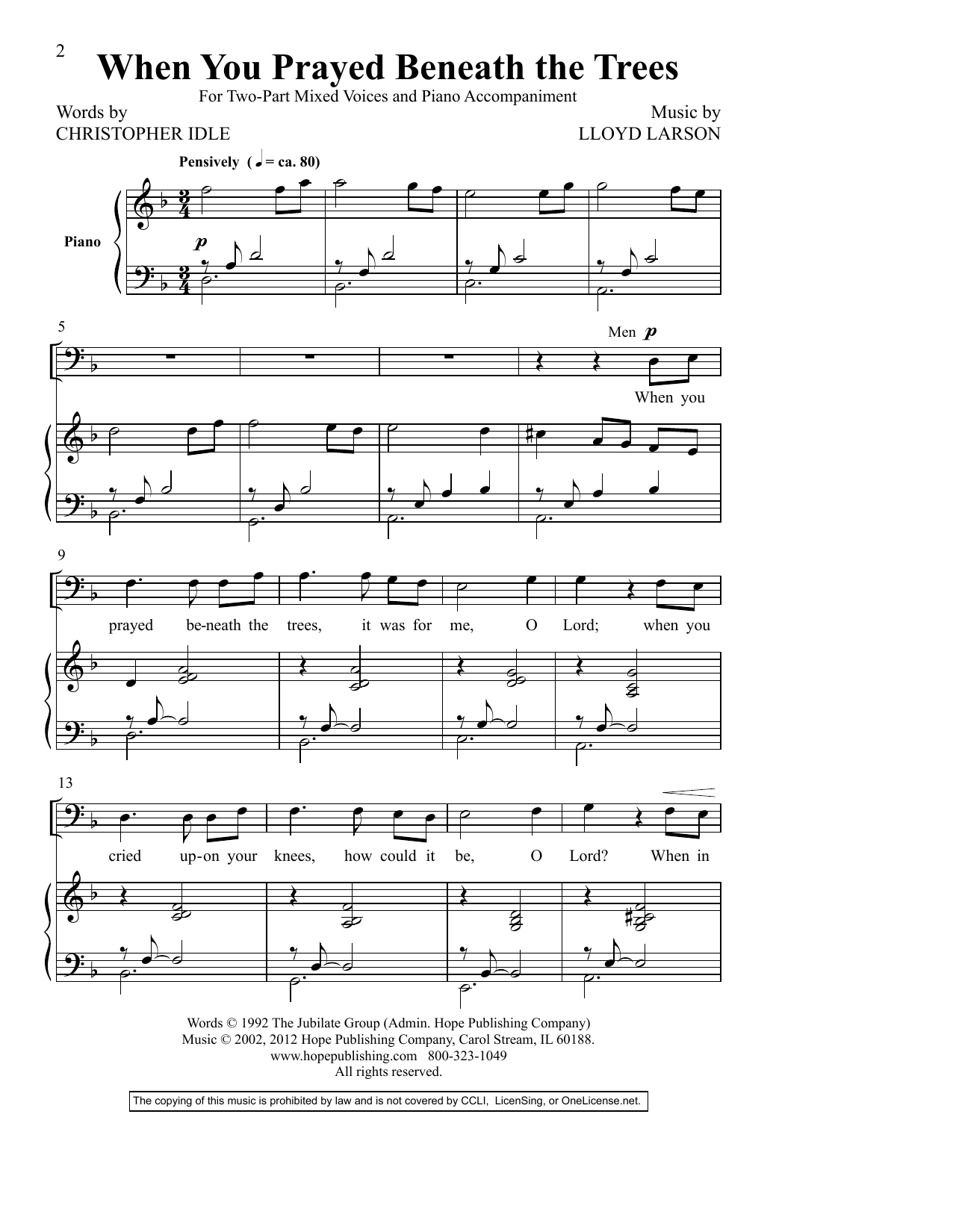 Learn to play Christopher Idle When You Prayed Beneath The Trees sheet music for 2-Part Choir in minutes. Price: 3.9900$ Christopher Idle When You Prayed Beneath The Trees sheet music notes and chords arranged for 2-Part Choir