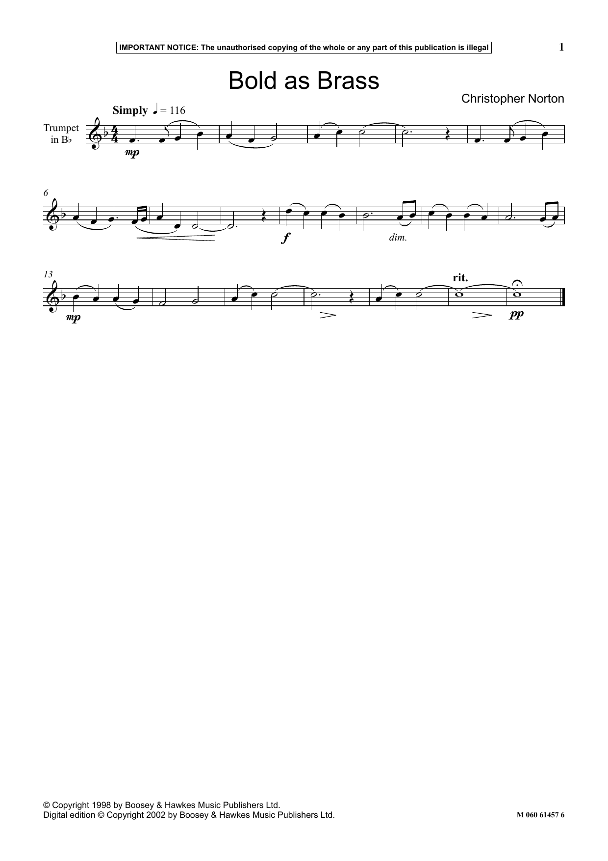 Learn to play Christopher Norton Bold As Brass sheet music for Instrumental Solo in minutes. Price: 5.9900$ Christopher Norton Bold As Brass sheet music notes and chords arranged for Instrumental Solo