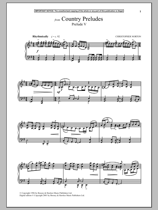 Learn to play Christopher Norton Country Preludes, Prelude V sheet music for Piano Solo in minutes. Christopher Norton Country Preludes, Prelude V sheet music notes and chords. Download Printable PDF.