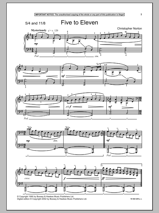 Learn to play Christopher Norton Five To Eleven sheet music for Piano Solo in minutes. Christopher Norton Five To Eleven sheet music notes and chords. Download Printable PDF.