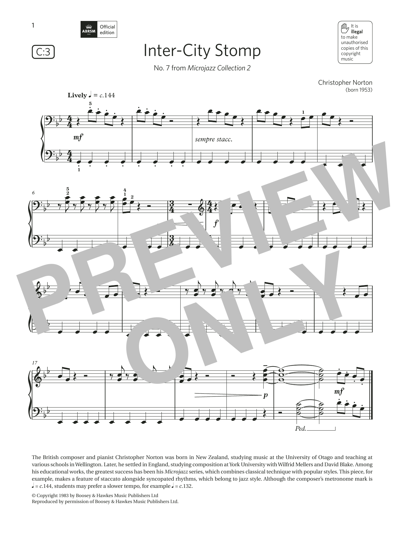 Learn to play Christopher Norton Inter-City Stomp (Grade 2, list C3, from the ABRSM Piano Syllabus 2021 & 2022) sheet music for Piano Solo in minutes. Price: 4.4900$ Christopher Norton Inter-City Stomp (Grade 2, list C3, from the ABRSM Piano Syllabus 2021 & 2022) sheet music notes and chords arranged for Piano Solo