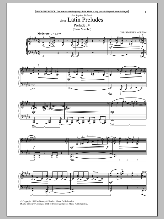 Learn to play Christopher Norton Latin Preludes, Prelude IV (Slow Mambo) sheet music for Piano Solo in minutes. Christopher Norton Latin Preludes, Prelude IV (Slow Mambo) sheet music notes and chords. Download Printable PDF.
