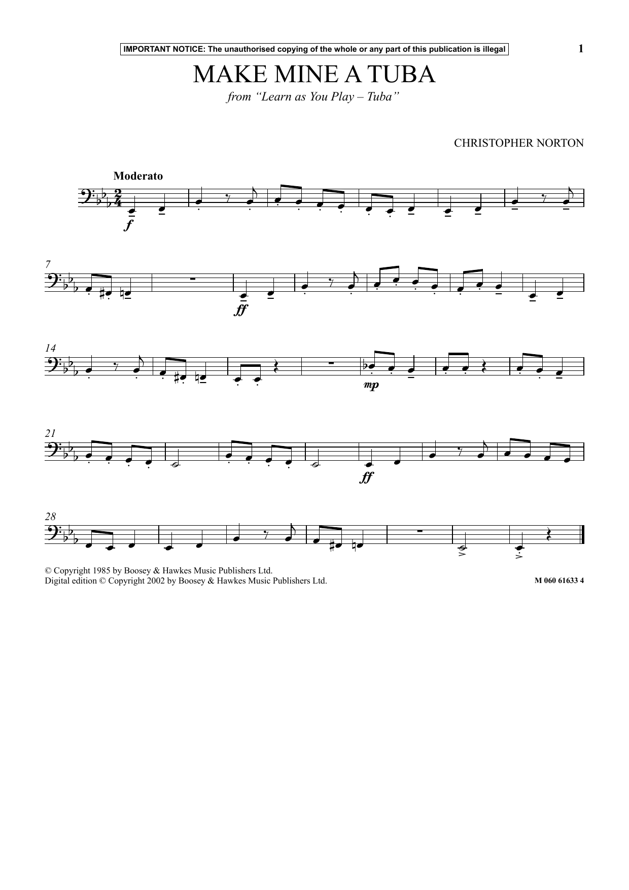 Learn to play Christopher Norton Make Mine A Tuba (from Learn As You Play Tuba) sheet music for Instrumental Solo in minutes. Price: 5.9900$ Christopher Norton Make Mine A Tuba (from Learn As You Play Tuba) sheet music notes and chords arranged for Instrumental Solo