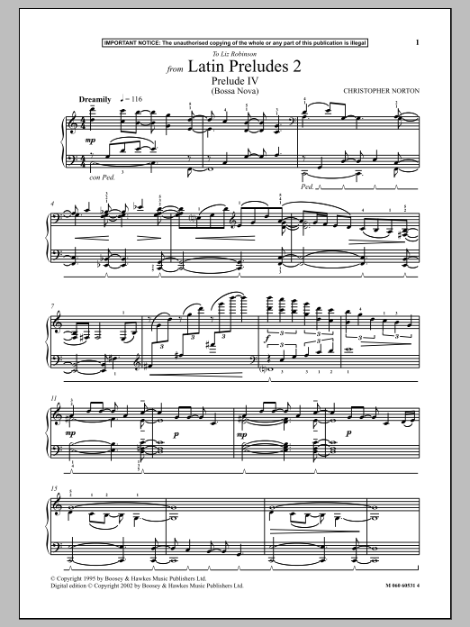 Learn to play Christopher Norton Prelude IV (Bossa Nova) (from Latin Preludes 2) sheet music for Piano Solo in minutes. Christopher Norton Prelude IV (Bossa Nova) (from Latin Preludes 2) sheet music notes and chords. Download Printable PDF.