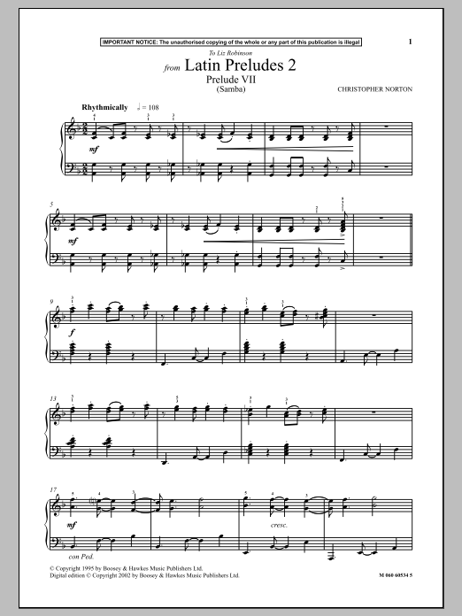 Learn to play Christopher Norton Prelude VII (Samba) (from Latin Preludes 2) sheet music for Piano Solo in minutes. Christopher Norton Prelude VII (Samba) (from Latin Preludes 2) sheet music notes and chords