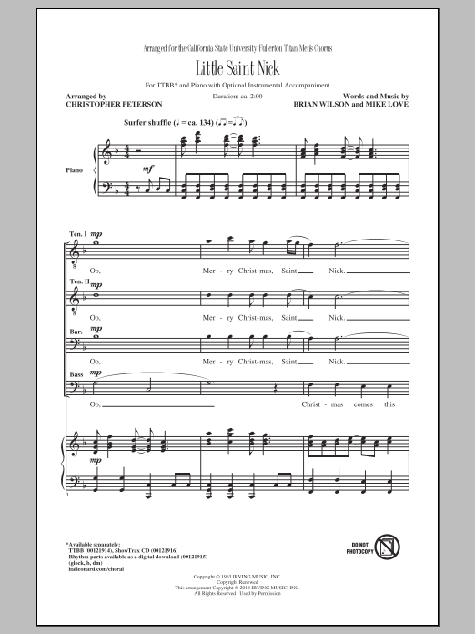 The Beach Boys Little Saint Nick (arr. Christopher Peterson) sheet music notes and chords arranged for TTBB Choir