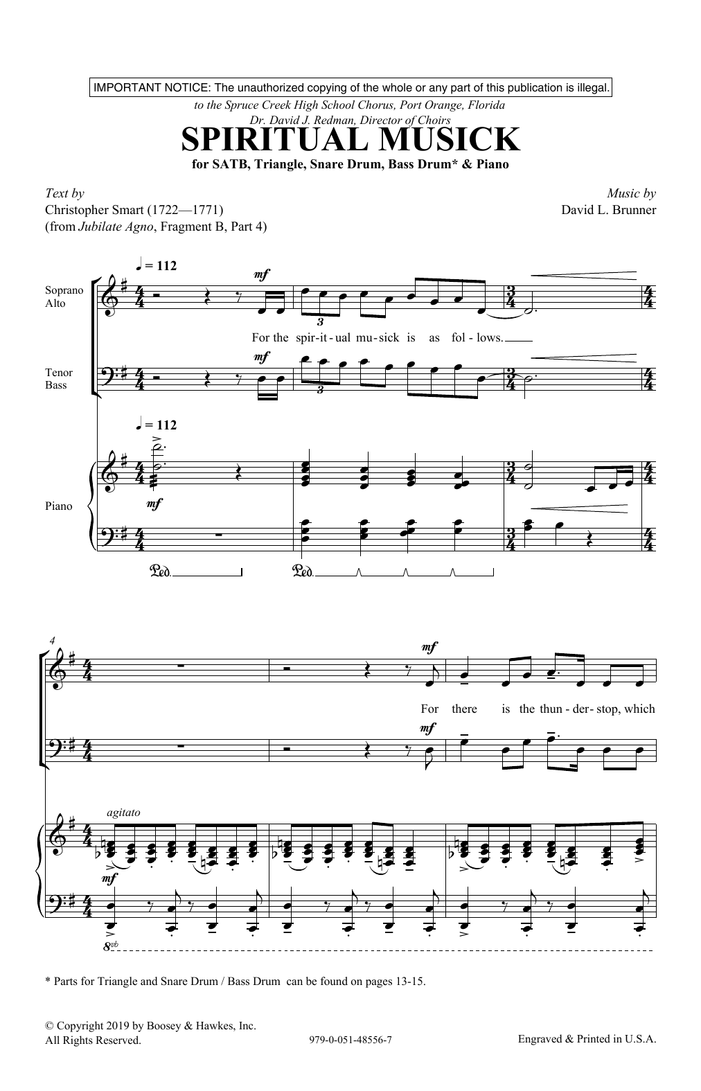 Learn to play Christopher Smart and David L. Brunner Spiritual Musick sheet music for SATB Choir in minutes. Price: 3.9900$ Christopher Smart and David L. Brunner Spiritual Musick sheet music notes and chords arranged for SATB Choir