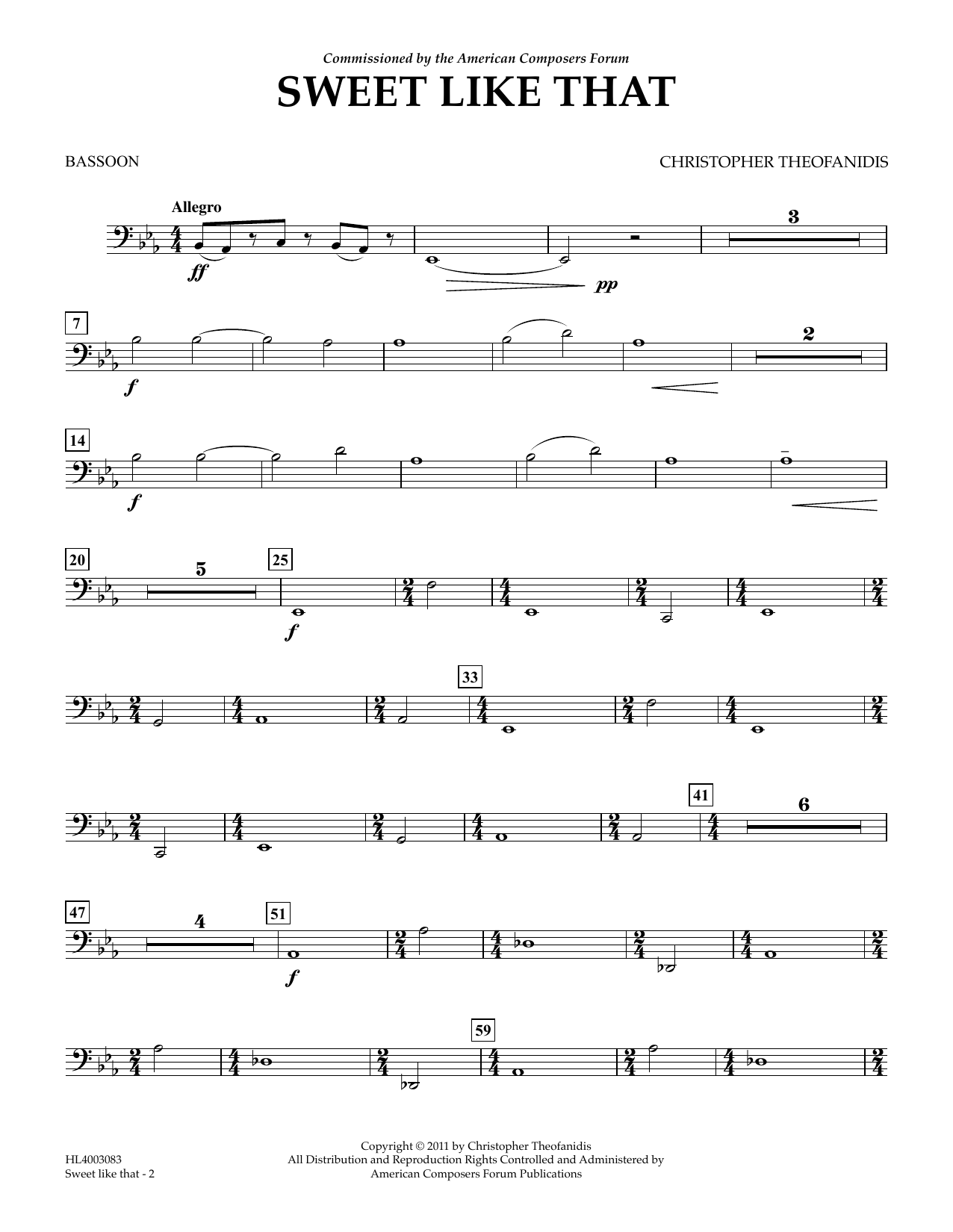 Learn to play Christopher Theofanidis Sweet like that - Bassoon sheet music for Concert Band in minutes. Price: 5.9900$ Christopher Theofanidis Sweet like that - Bassoon sheet music notes and chords arranged for Concert Band