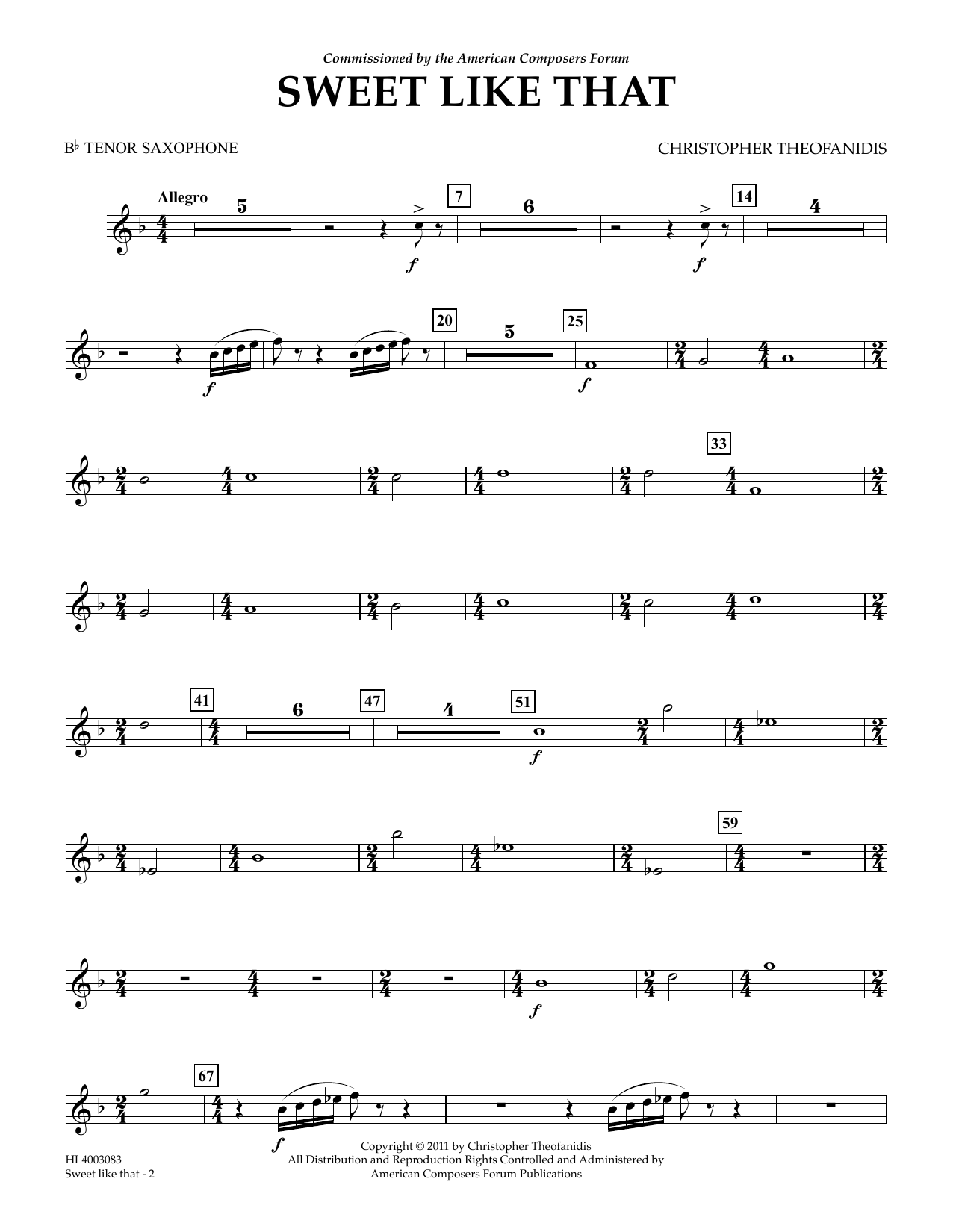Learn to play Christopher Theofanidis Sweet like that - Bb Tenor Sax sheet music for Concert Band in minutes. Price: 5.9900$ Christopher Theofanidis Sweet like that - Bb Tenor Sax sheet music notes and chords arranged for Concert Band