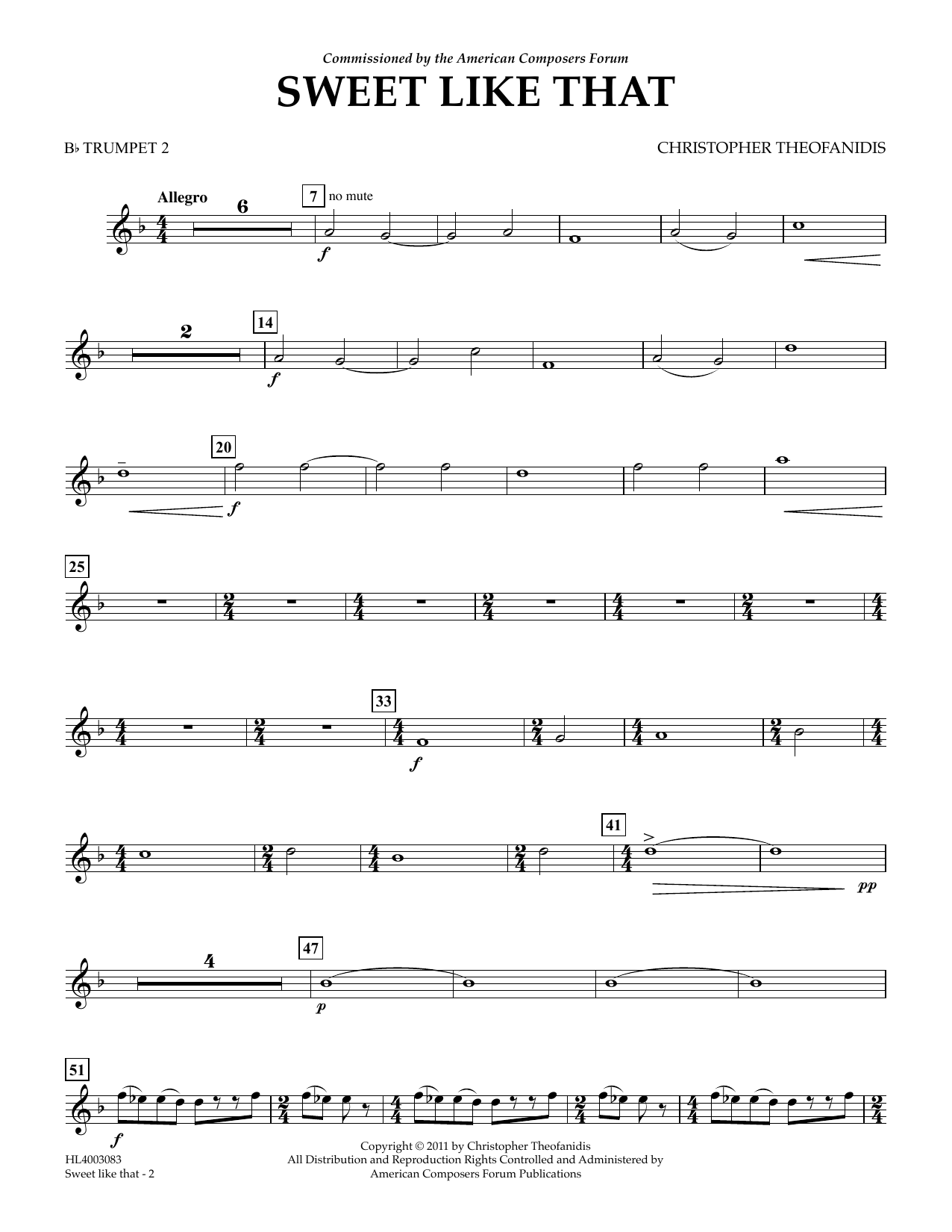 Learn to play Christopher Theofanidis Sweet like that - Bb Trumpet 2 sheet music for Concert Band in minutes. Price: 5.9900$ Christopher Theofanidis Sweet like that - Bb Trumpet 2 sheet music notes and chords arranged for Concert Band