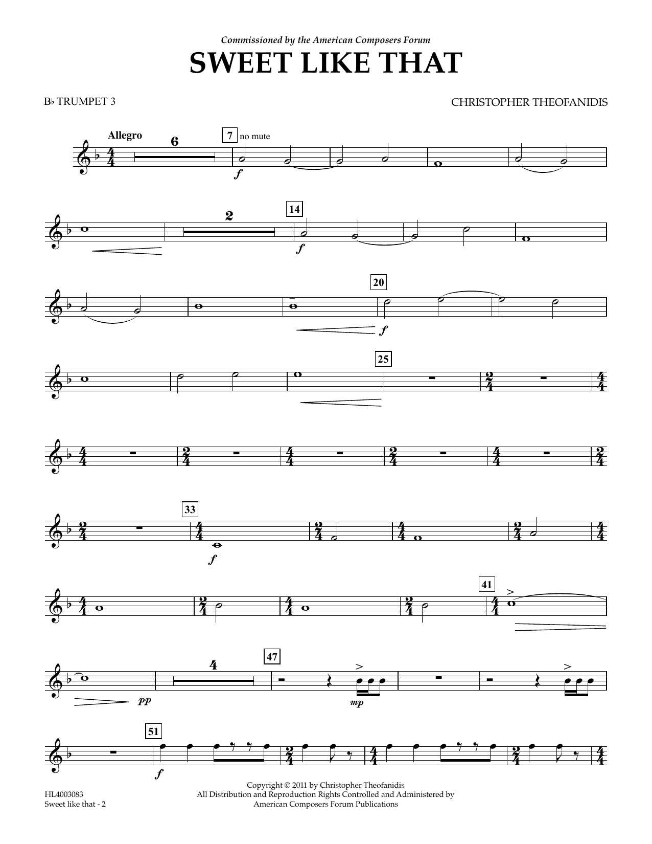 Learn to play Christopher Theofanidis Sweet like that - Bb Trumpet 3 sheet music for Concert Band in minutes. Price: 5.9900$ Christopher Theofanidis Sweet like that - Bb Trumpet 3 sheet music notes and chords arranged for Concert Band