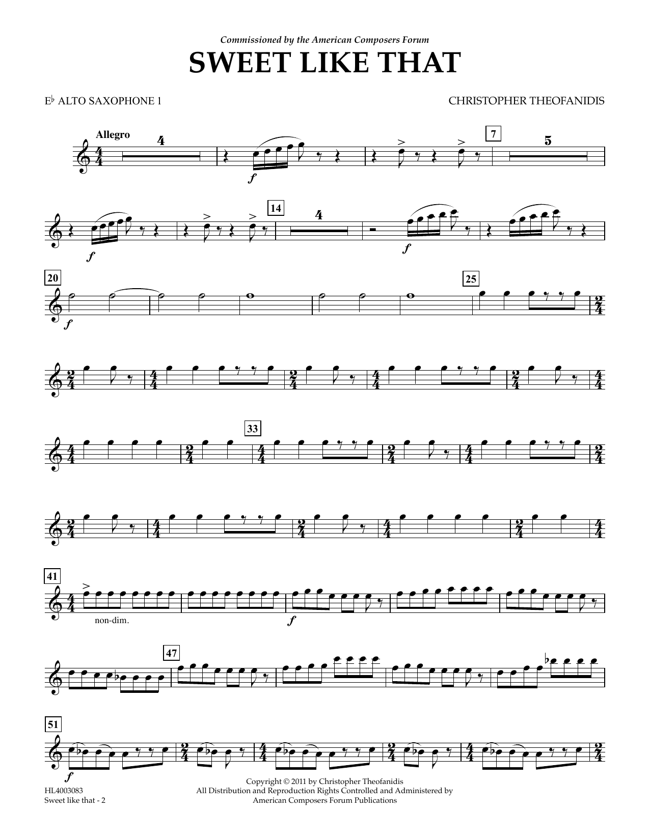 Learn to play Christopher Theofanidis Sweet like that - Eb Alto Sax 1 sheet music for Concert Band in minutes. Price: 5.9900$ Christopher Theofanidis Sweet like that - Eb Alto Sax 1 sheet music notes and chords arranged for Concert Band