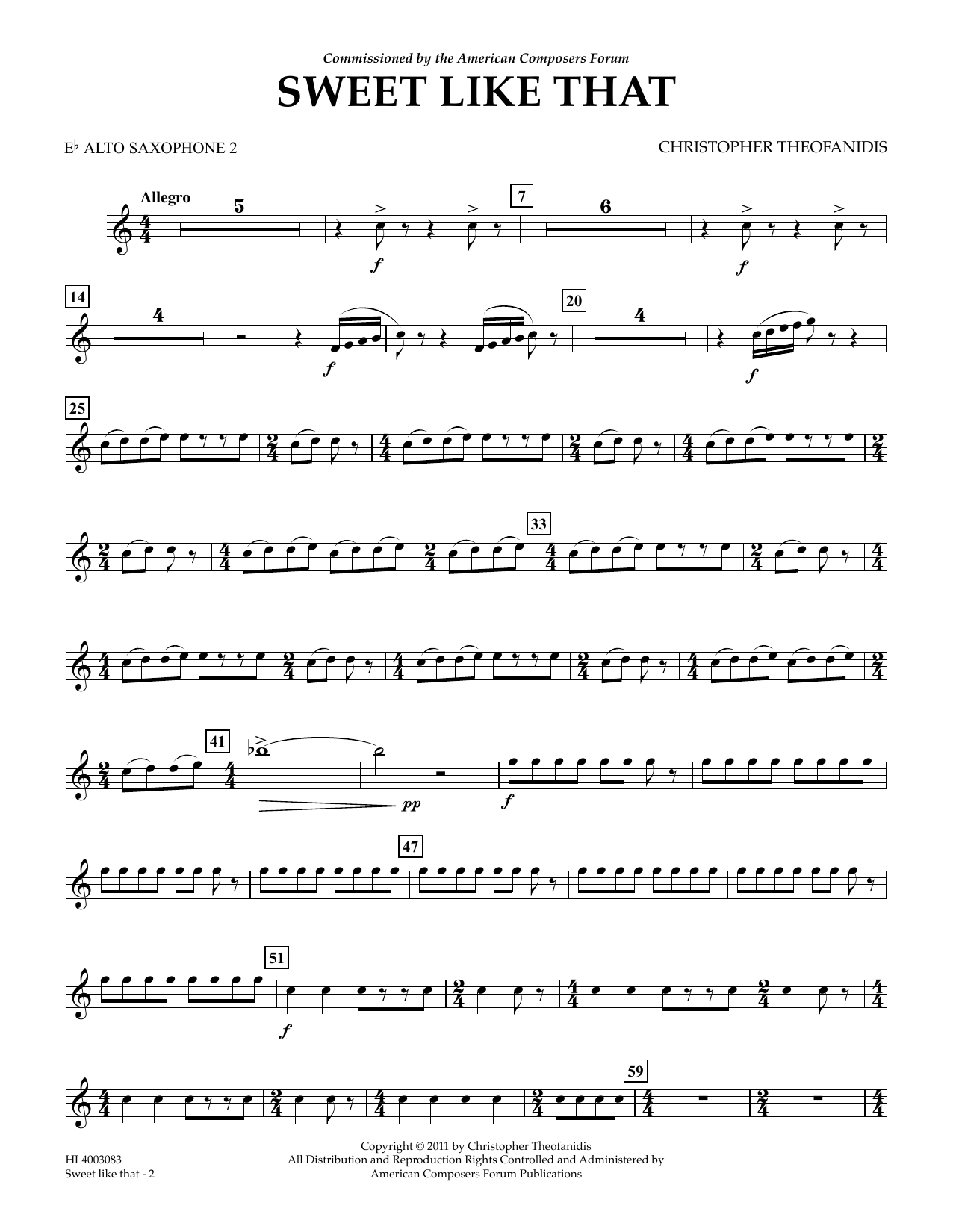 Learn to play Christopher Theofanidis Sweet like that - Eb Alto Sax 2 sheet music for Concert Band in minutes. Price: 5.9900$ Christopher Theofanidis Sweet like that - Eb Alto Sax 2 sheet music notes and chords arranged for Concert Band