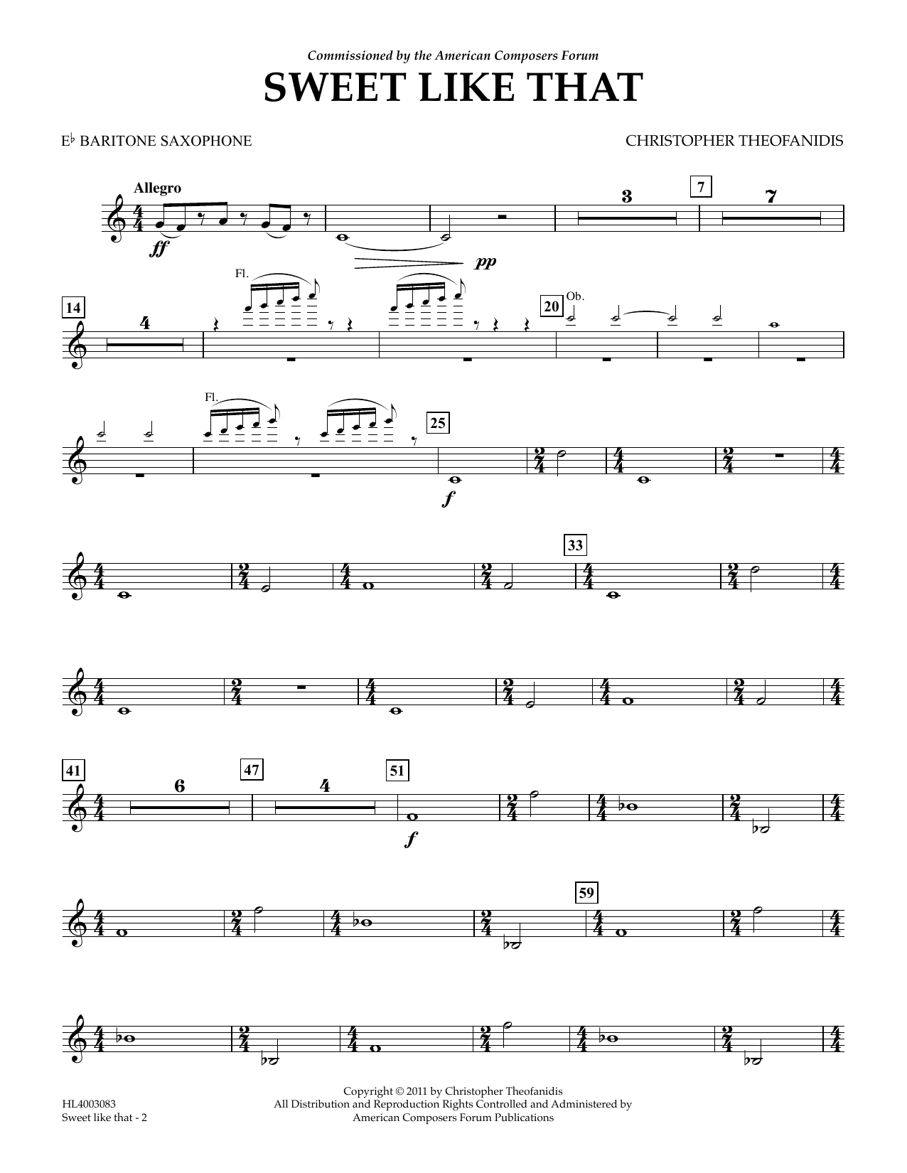 Learn to play Christopher Theofanidis Sweet like that - Eb Baritone Saxophone sheet music for Concert Band in minutes. Price: 5.9900$ Christopher Theofanidis Sweet like that - Eb Baritone Saxophone sheet music notes and chords arranged for Concert Band