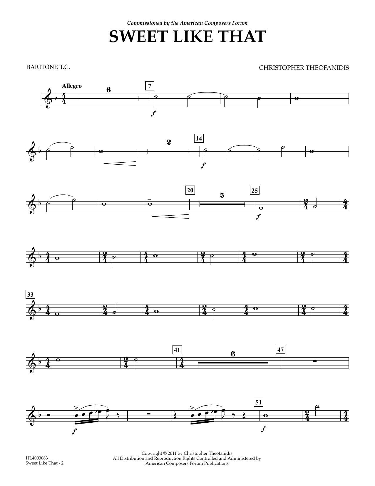 Learn to play Christopher Theofanidis Sweet like that - Euphonium/Baritone TC sheet music for Concert Band in minutes. Price: 5.9900$ Christopher Theofanidis Sweet like that - Euphonium/Baritone TC sheet music notes and chords arranged for Concert Band