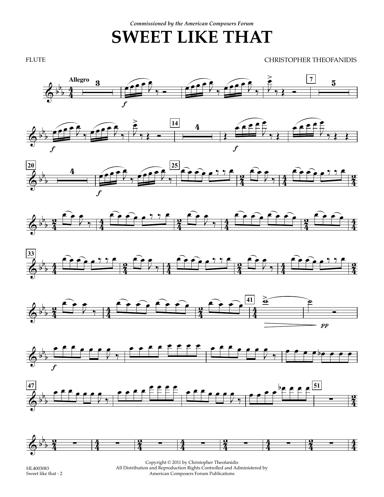 Learn to play Christopher Theofanidis Sweet like that - Flute sheet music for Concert Band in minutes. Price: 5.9900$ Christopher Theofanidis Sweet like that - Flute sheet music notes and chords arranged for Concert Band