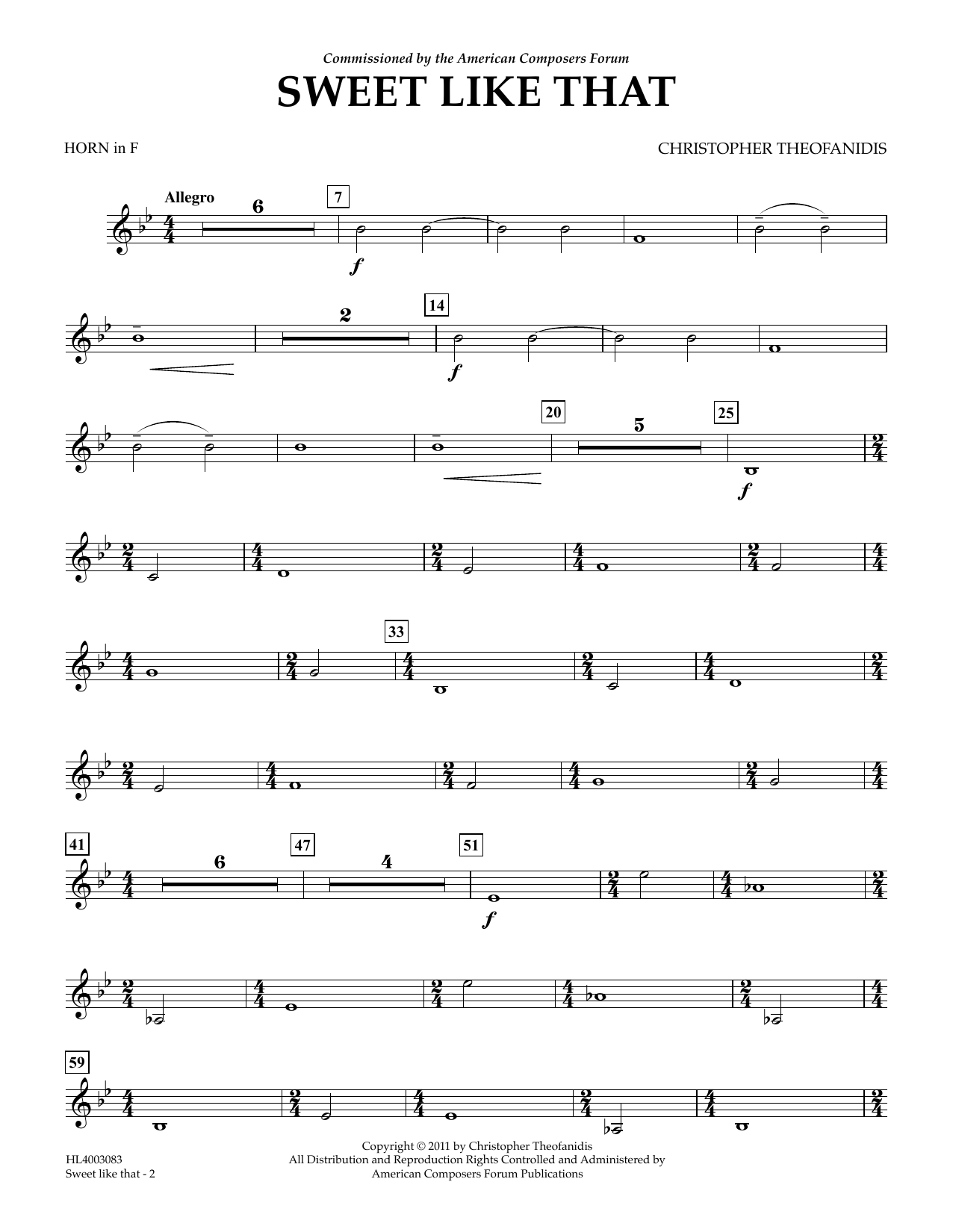 Learn to play Christopher Theofanidis Sweet like that - Horn in F sheet music for Concert Band in minutes. Price: 5.9900$ Christopher Theofanidis Sweet like that - Horn in F sheet music notes and chords arranged for Concert Band