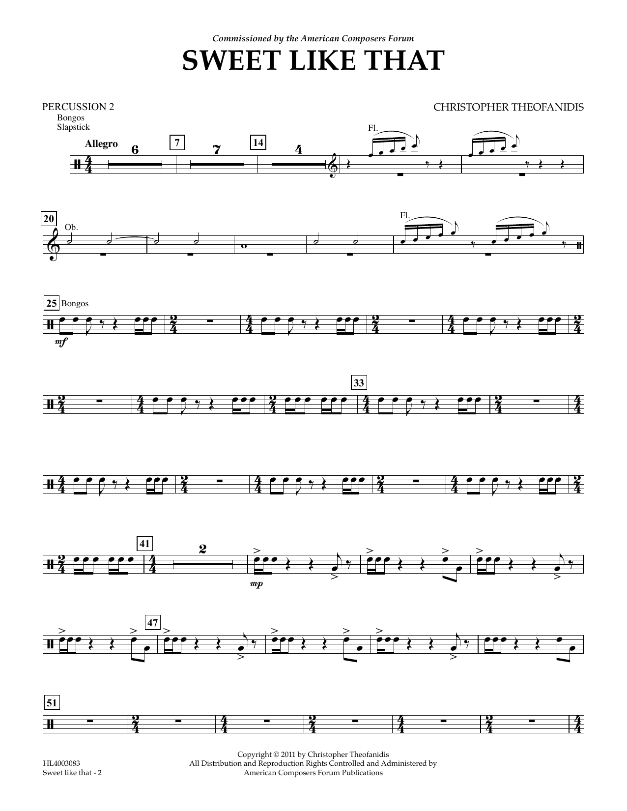 Learn to play Christopher Theofanidis Sweet like that - Percussion II sheet music for Concert Band in minutes. Price: 5.9900$ Christopher Theofanidis Sweet like that - Percussion II sheet music notes and chords arranged for Concert Band