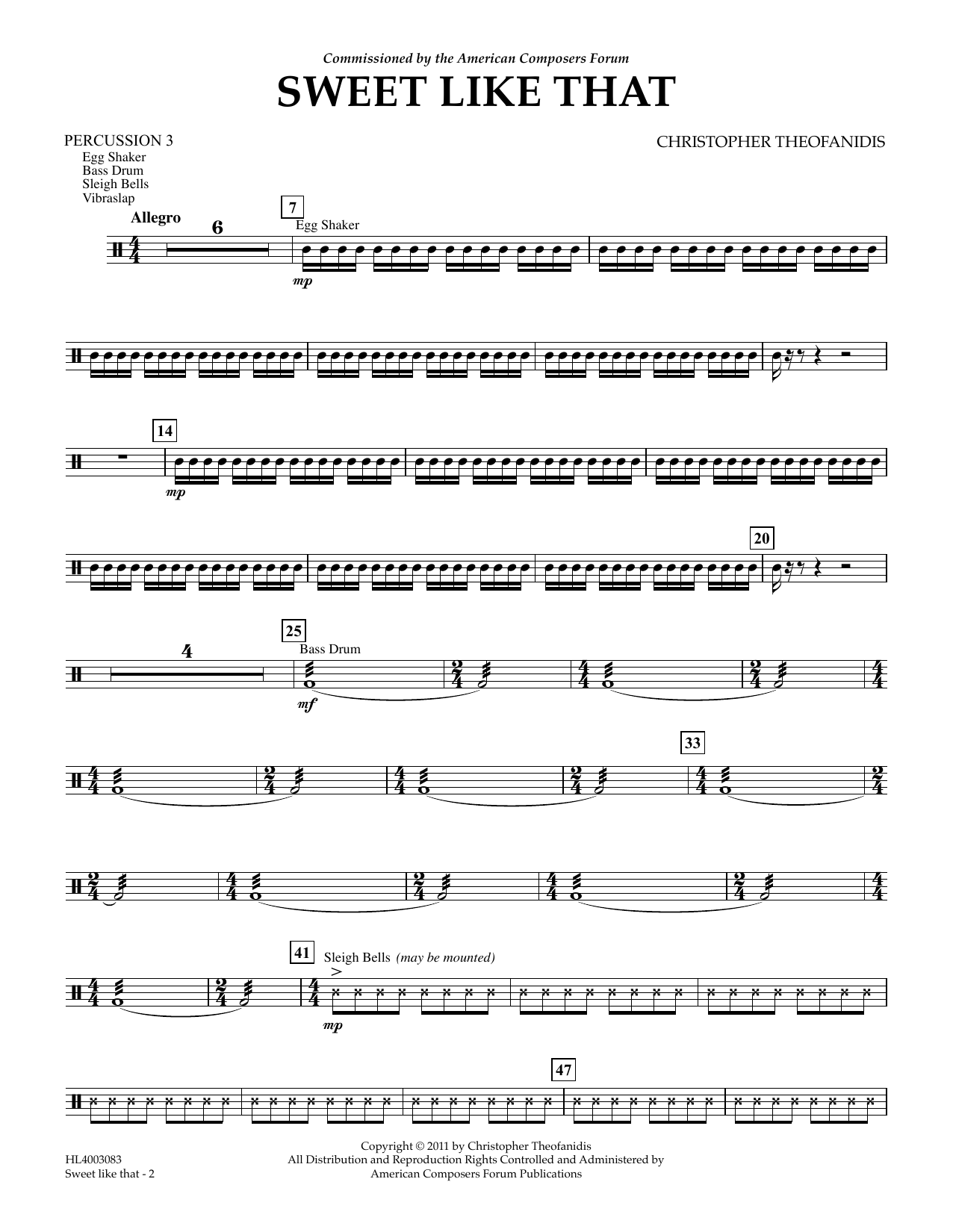 Learn to play Christopher Theofanidis Sweet like that - Percussion III sheet music for Concert Band in minutes. Price: 5.9900$ Christopher Theofanidis Sweet like that - Percussion III sheet music notes and chords arranged for Concert Band