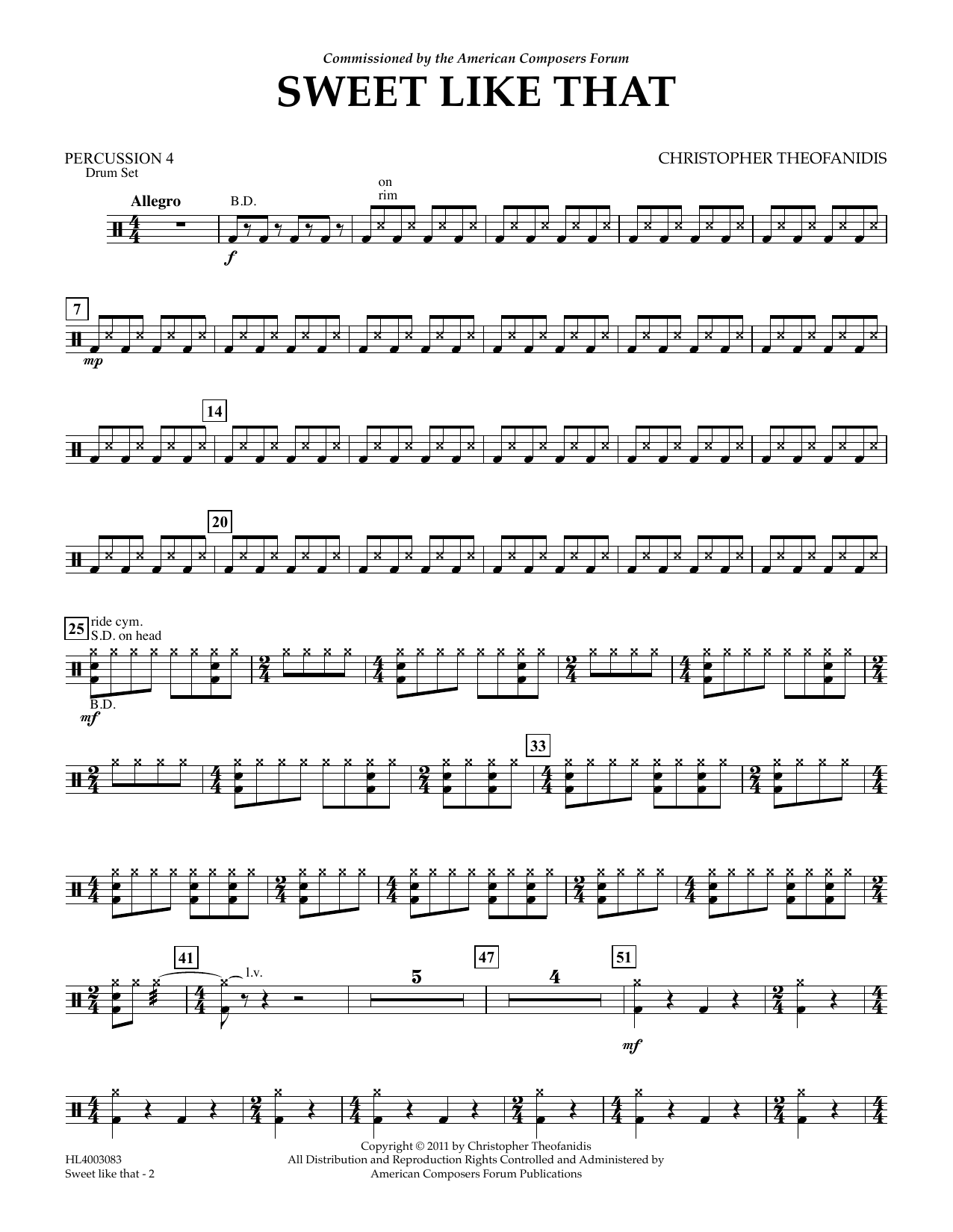Learn to play Christopher Theofanidis Sweet like that - Percussion IV sheet music for Concert Band in minutes. Price: 5.9900$ Christopher Theofanidis Sweet like that - Percussion IV sheet music notes and chords arranged for Concert Band