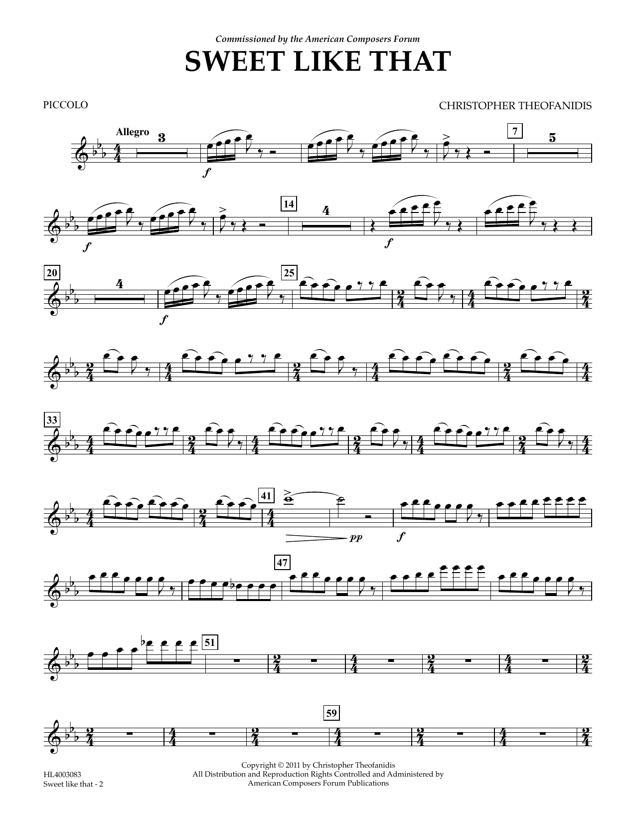 Learn to play Christopher Theofanidis Sweet like that - Piccolo sheet music for Concert Band in minutes. Price: 5.9900$ Christopher Theofanidis Sweet like that - Piccolo sheet music notes and chords arranged for Concert Band