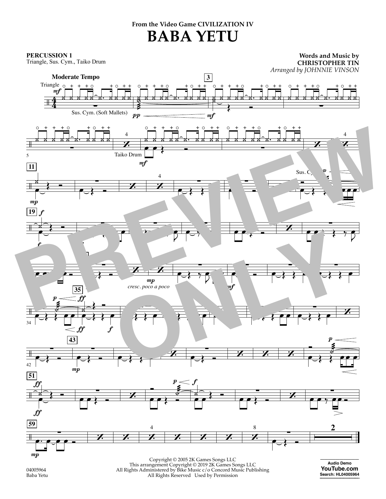 Learn to play Christopher Tin Baba Yetu (from Civilization IV) (arr. Johnnie Vinson) - Percussion 1 sheet music for Concert Band in minutes. Christopher Tin Baba Yetu (from Civilization IV) (arr. Johnnie Vinson) - Percussion 1 sheet music notes and chords. Download Printable PDF.