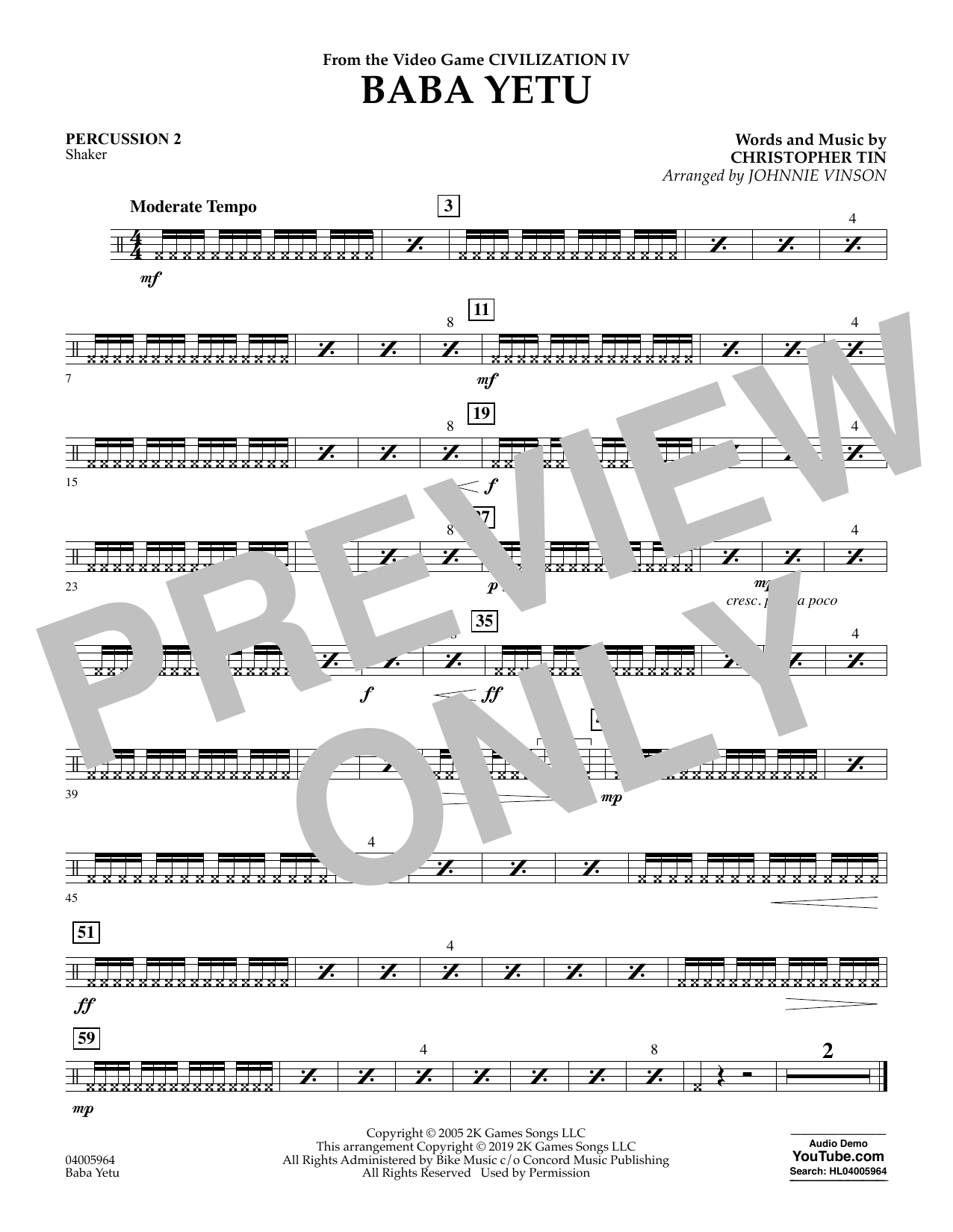 Learn to play Christopher Tin Baba Yetu (from Civilization IV) (arr. Johnnie Vinson) - Percussion 2 sheet music for Concert Band in minutes. Christopher Tin Baba Yetu (from Civilization IV) (arr. Johnnie Vinson) - Percussion 2 sheet music notes and chords. Download Printable PDF.