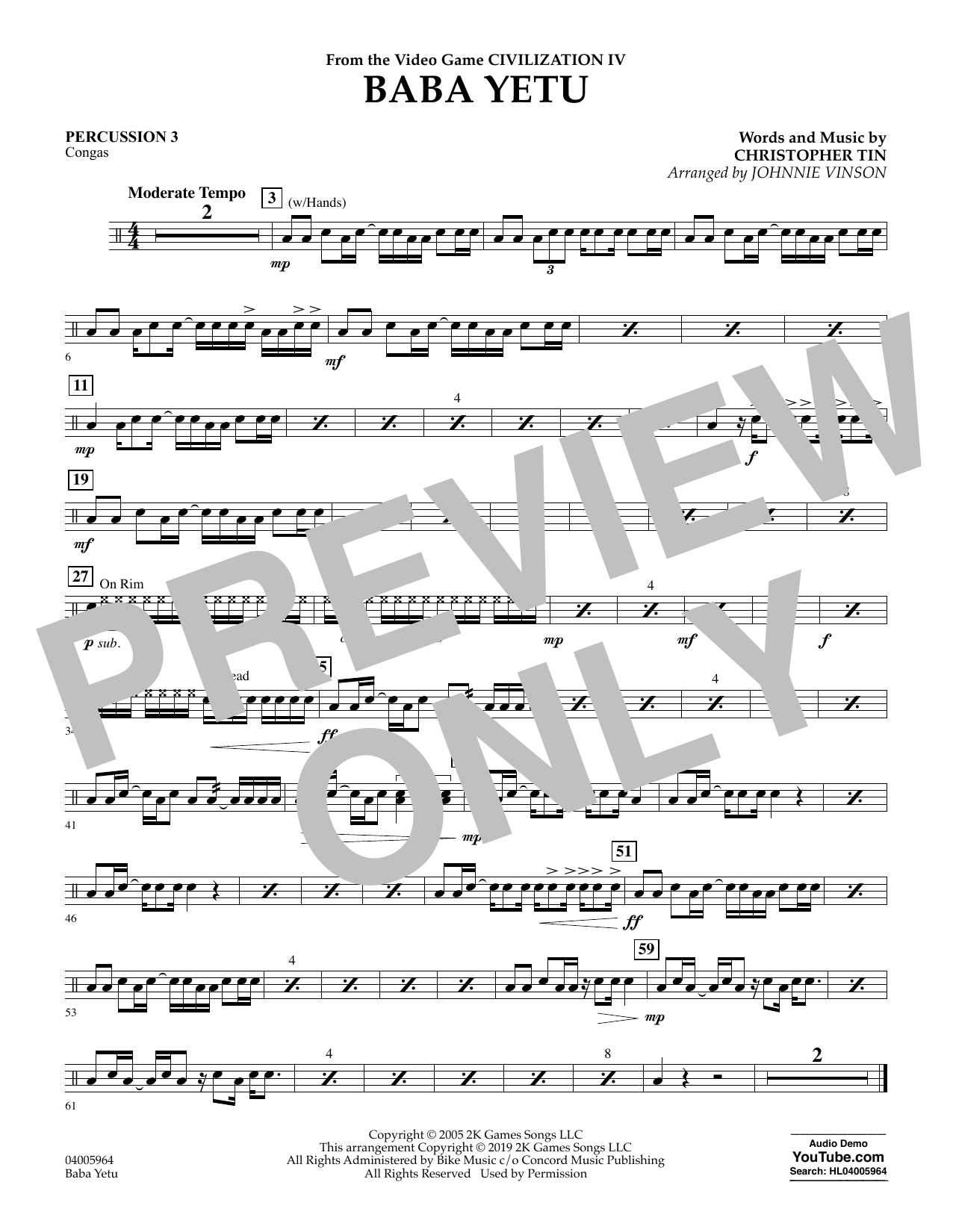 Learn to play Christopher Tin Baba Yetu (from Civilization IV) (arr. Johnnie Vinson) - Percussion 3 sheet music for Concert Band in minutes. Christopher Tin Baba Yetu (from Civilization IV) (arr. Johnnie Vinson) - Percussion 3 sheet music notes and chords. Download Printable PDF.