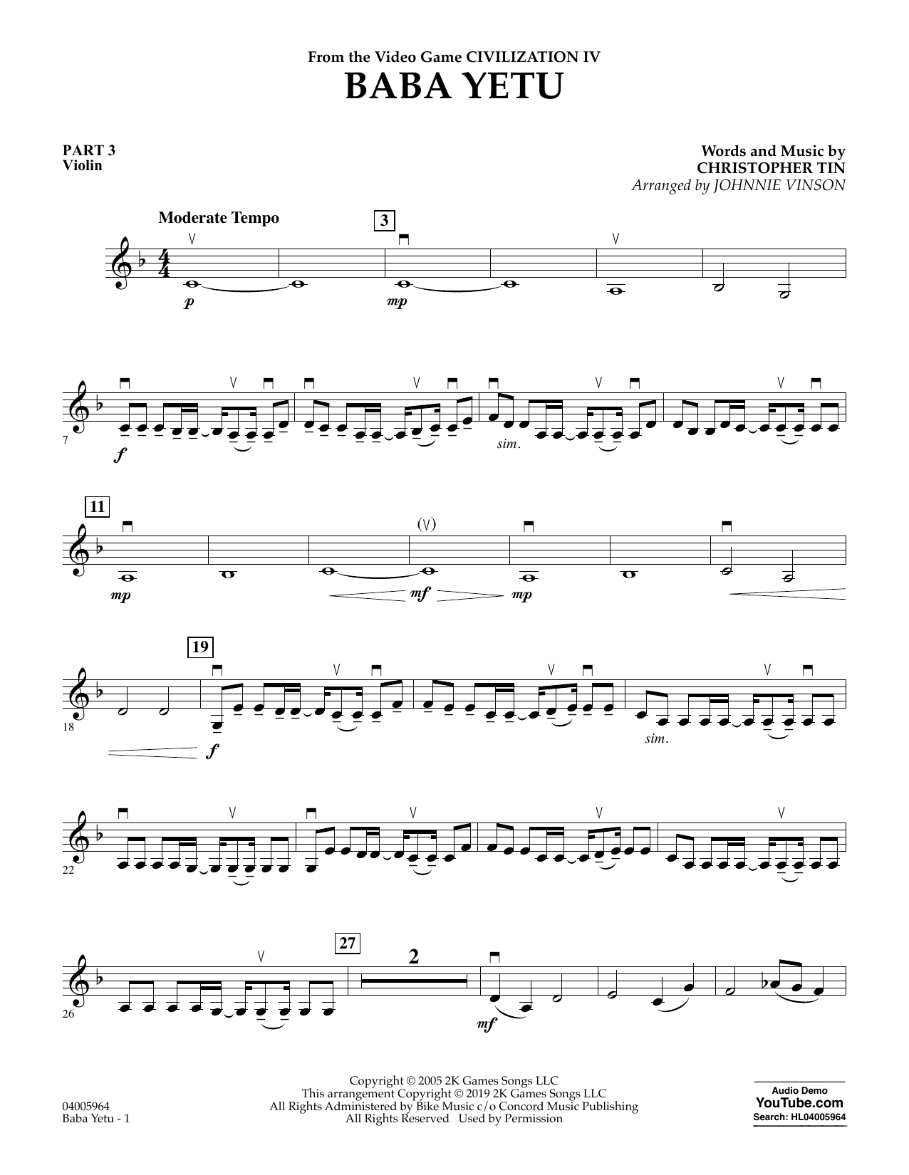 Christopher Tin Baba Yetu From Civilization Iv Arr Johnnie Vinson Pt 3 Violin Sheet Music Pdf Notes Chords Video Game Score Concert Band Download Printable Sku