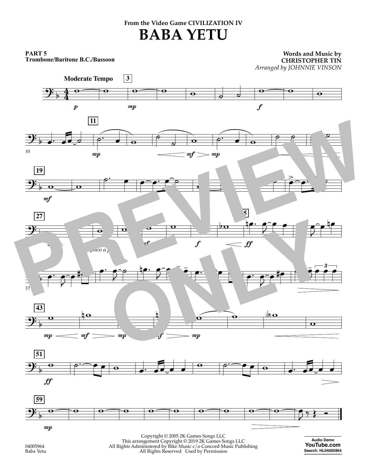 Learn to play Christopher Tin Baba Yetu (from Civilization IV) (arr. Johnnie Vinson) - Pt.5 - Trombone/Bar. B.C./Bsn. sheet music for Concert Band in minutes. Christopher Tin Baba Yetu (from Civilization IV) (arr. Johnnie Vinson) - Pt.5 - Trombone/Bar. B.C./Bsn. sheet music notes and chords. Download Printable PDF.