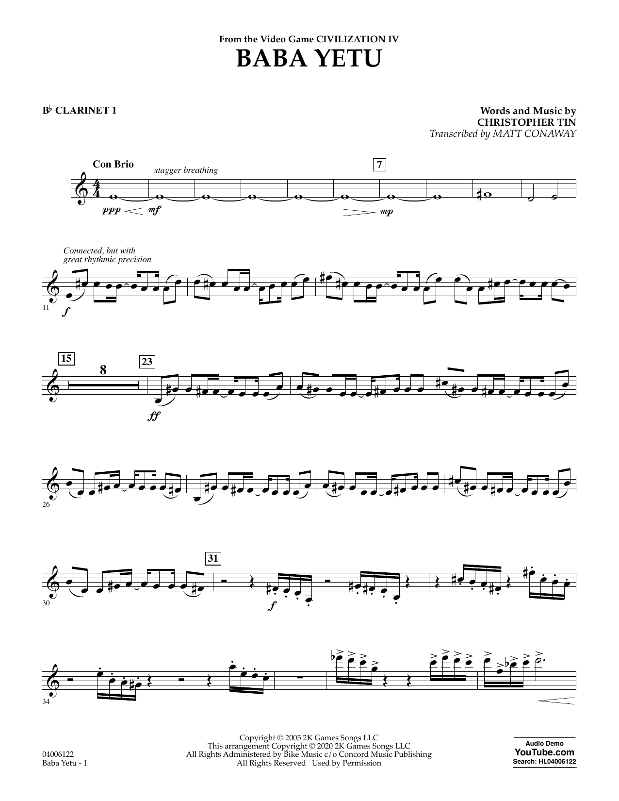 Christopher Tin Baba Yetu From Civilization Iv Trans Matt Conaway Clarinet 1 Sheet Music Pdf Notes Chords Concert Score Concert Band Download Printable Sku