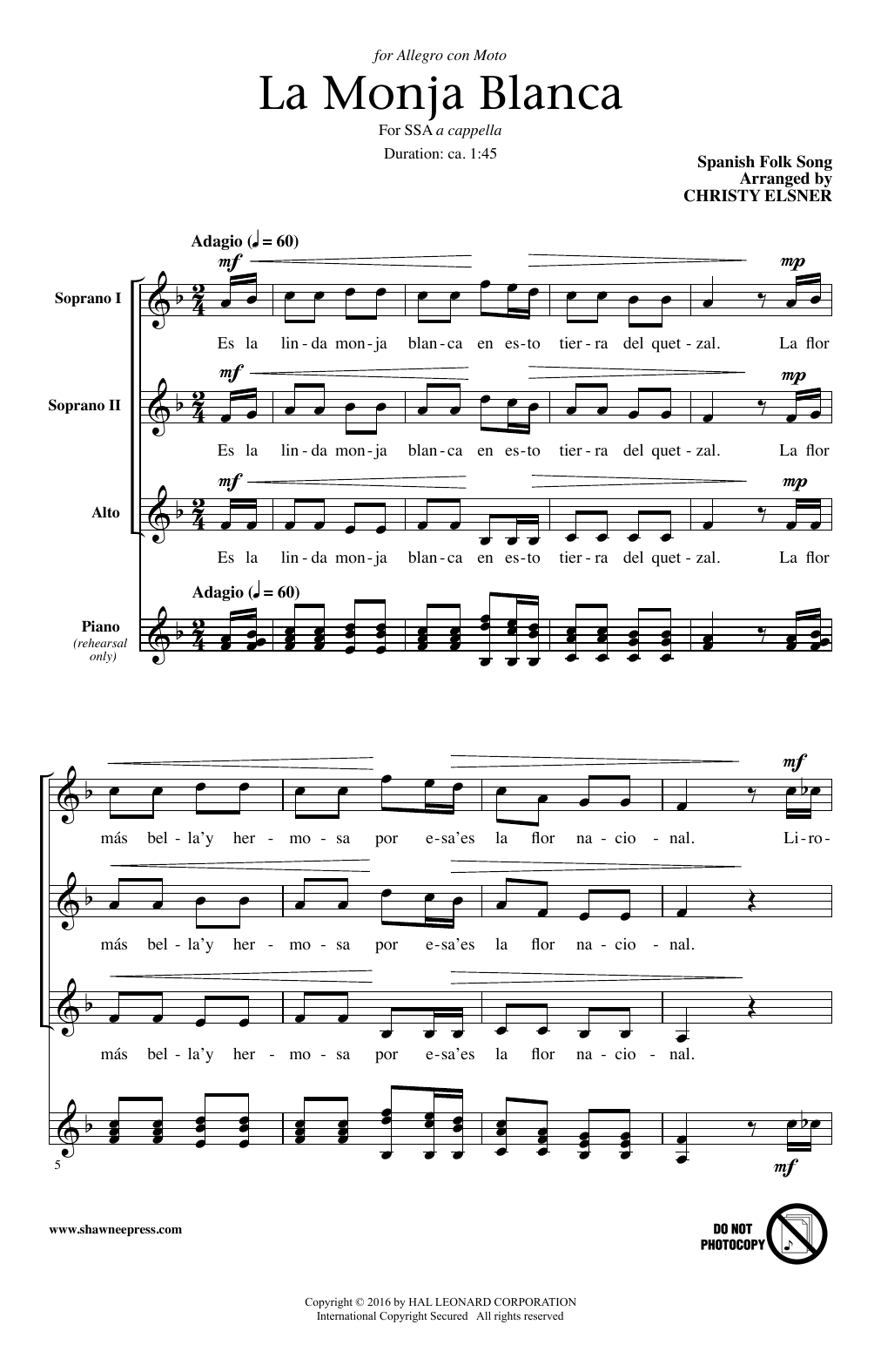 Learn to play Spanish Folksong La Monja Blanca (arr. Christy Elsner) sheet music for SSA Choir in minutes. Spanish Folksong La Monja Blanca (arr. Christy Elsner) sheet music notes and chords. Download Printable PDF.