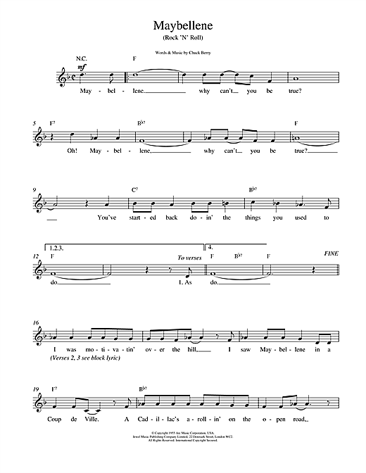 Learn to play Chuck Berry Maybellene sheet music for Lead Sheet / Fake Book in minutes. Chuck Berry Maybellene sheet music notes and chords. Download Printable PDF.