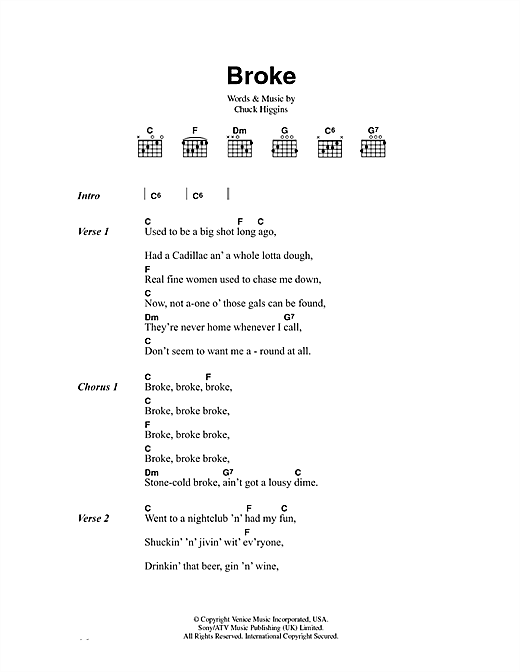 Chuck Higgins Broke sheet music notes and chords. Download Printable PDF.