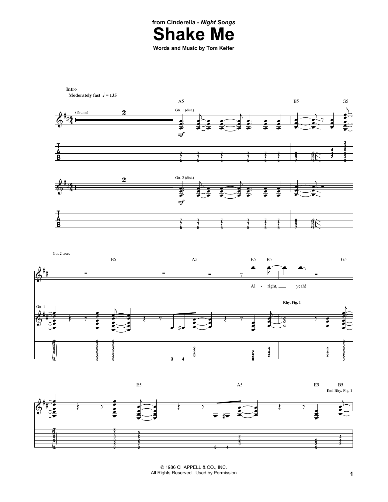 Cinderella Shake Me Sheet Music Pdf Notes Chords Rock Score Guitar Tab Download Printable Sku