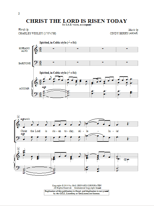 Learn to play Cindy Berry Christ The Lord Is Risen Today sheet music for SAB Choir in minutes. Price: 3.9900$ Cindy Berry Christ The Lord Is Risen Today sheet music notes and chords arranged for SAB Choir