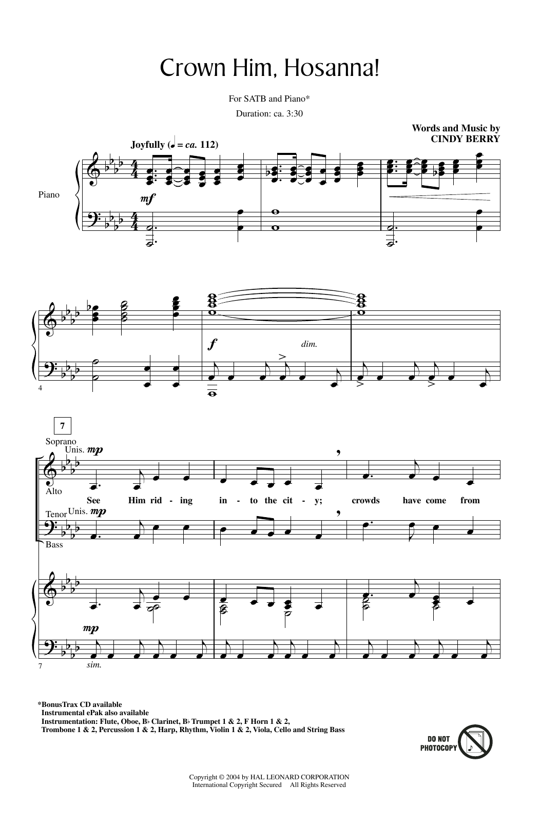 Cindy Berry Crown Him Hosanna sheet music notes and chords. Download Printable PDF.