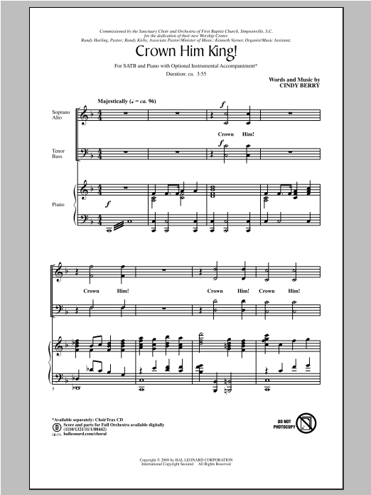 Learn to play Cindy Berry Crown Him King! sheet music for SATB Choir in minutes. Price: 3.9900$ Cindy Berry Crown Him King! sheet music notes and chords arranged for SATB Choir