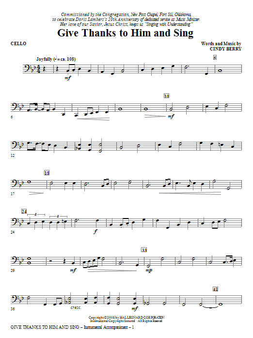Cindy Berry Give Thanks To Him And Sing Cello Sheet Music Pdf Notes Chords Concert Score Choir Instrumental Pak Download Printable Sku 269981