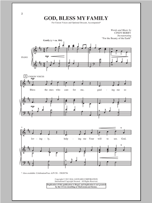 Cindy Berry God Bless My Family sheet music notes and chords. Download Printable PDF.